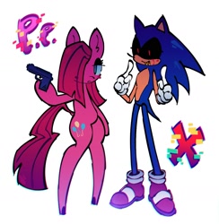 Size: 1605x1644 | Tagged: safe, artist:realsugarlord, sonic the hedgehog, oc, oc:sonic.exe, 2011, black sclera, bleeding, bleeding from eyes, blood, crossover, duo, earth pony, frown, gun, hair over one eye, holding something, looking at viewer, my little pony, pinkamena diane pie, pinkie pie, pointing, pony, simple background, smile, standing, white background