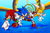 Size: 2048x1353 | Tagged: safe, artist:riotaiprower, artist:stupidfred0, knuckles the echidna, miles "tails" prower, sonic the hedgehog, sonic heroes, 2023, abstract background, grin, looking at viewer, open smile, signature, smile, special stage, sphere, standing, team sonic, trio