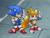 Size: 1280x968 | Tagged: safe, artist:daniux, artist:rushklysolen, miles "tails" prower, sonic the hedgehog, sonic the ova, 2023, abstract background, classic sonic, classic sonic (universe), classic tails, duo, frown, looking at viewer, pointing, redraw, smile, v sign