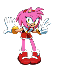 Size: 1618x2048 | Tagged: safe, artist:weirdozjunkary, amy rose, alternate outfit, alternate shoes, clothes, looking at viewer, overalls, simple background, smile, solo, standing, transparent background, v sign