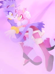 Size: 768x1024 | Tagged: safe, artist:pato_bren, amy rose, blaze the cat, cat, hedgehog, 2024, amy x blaze, amy's halterneck dress, blaze's tailcoat, cute, female, females only, hands on head, lesbian, looking at each other, shipping