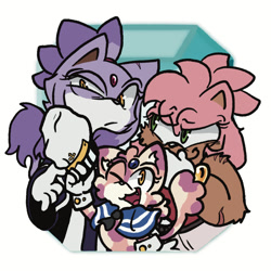 Size: 1500x1500 | Tagged: safe, artist:mstormcloud, amy rose, blaze the cat, oc, oc:anchor the cat, cat, hedgehog, 2024, amy x blaze, cute, duo, female, females only, lesbian, parent:amy, parent:blaze, parents:blazamy, shipping