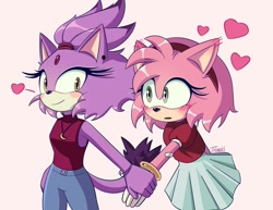 Size: 1080x835 | Tagged: safe, artist:tayoki10, amy rose, blaze the cat, cat, hedgehog, 2024, amy x blaze, blushing, cute, female, females only, hearts, holding hands, lesbian, looking at them, shipping