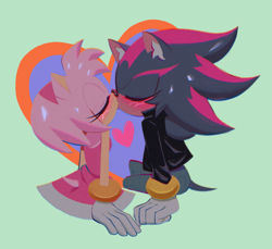 Size: 1593x1457 | Tagged: safe, artist:umii33, amy rose, shadow the hedgehog, abstract background, amy x shadow, blushing, clothes, duo, ear fluff, eyes closed, half r63 shipping, heart, jacket, kiss, lesbian, shipping, trans female, trans girl shadow, transgender