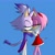 Size: 1600x1600 | Tagged: safe, artist:tanakasavi, amy rose, blaze the cat, cat, hedgehog, 2024, amy x blaze, amy's halterneck dress, blaze's tailcoat, blue background, cute, duo, eyes closed, female, females only, hand on cheek, kiss, lesbian, shipping, simple background