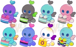 Size: 2048x1280 | Tagged: safe, artist:honeylief, chao, 2024, agender pride, bigender pride, demiboy pride, demigirl pride, genderflux pride, group, intersex pride, neutral chao, obtrusive watermark, omnisexual pride, pride, simple background, straight ally, watermark, white background