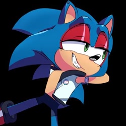 Size: 400x400 | Tagged: safe, artist:nightstarlayla, sonic the hedgehog, 2024, black background, clothes, edit, eyeshadow, hands behind head, jacket, lidded eyes, looking offscreen, simple background, smile, solo, standing, trans female, trans pride, transgender