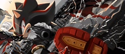 Size: 2048x892 | Tagged: safe, artist:andoraliix, shadow the hedgehog, sonic x shadow generations, 2024, abstract background, broken glass, gun, holding something, looking at viewer, mid-air, pointing gun at viewer, solo, webbed wings
