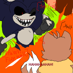 Size: 389x389 | Tagged: safe, artist:sonic-enterprise, miles "tails" prower, sonic the hedgehog, oc, oc:sonic.exe, comic:bravery (sonic enterprise), 2024, abstract background, alternate universe, black gloves, black sclera, claws, duo, fire, flat colors, laughing, looking at each other, scarf, sharp teeth, smile, standing, torn gloves, trans female, transgender