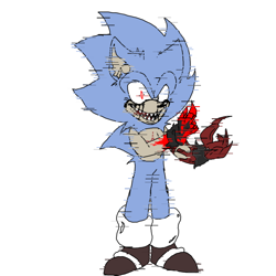 Size: 1000x1000 | Tagged: safe, artist:sonic-enterprise, sonic the hedgehog, oc, oc:sonic.exe, black blood, black gloves, black shoes, bleeding, bleeding from eyes, blood, blood stain, glitch, looking ahead, looking offscreen, mouth open, sharp teeth, simple background, smile, solo, standing, white background