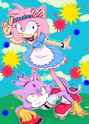 Size: 1466x2048 | Tagged: safe, artist:celyah__, amy rose, blaze the cat, cat, hedgehog, 2024, amy x blaze, cosplay, cute, duo, female, females only, lesbian, looking at them, looking at viewer, mesmerizer, rollerskates, sharp teeth, shipping, vocaloid