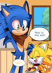 Size: 1460x2048 | Tagged: safe, artist:shadely_boom, sonic the hedgehog, oc, oc:tanic the hedgehog-fox, 2024, abstract background, chili dog, cute, duo, eyes closed, father and son, food, hands behind head, holding something, indoors, looking at them, magical gay spawn, parent:sonic, parent:tails, parents:sontails, plate, smile, sonic boom (tv), standing, window