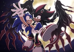 Size: 2048x1441 | Tagged: safe, artist:wiggle_rain, shadow the hedgehog, sonic the hedgehog, sonic x shadow generations, 2024, carrying them, doom shadow, duo, flying, gay, looking at each other, moon, nighttime, outdoors, shadow x sonic, shipping, smile, star (sky), wings