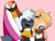 Size: 400x300 | Tagged: dead source, safe, artist:kyunii_, tangle the lemur, whisper the wolf, 2024, arm around shoulders, duo, eyes closed, flag, holding something, lesbian, lesbian pride, pink background, pride, pride flag, shipping, simple background, smile, standing, tangle x whisper