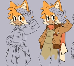 Size: 967x862 | Tagged: safe, artist:teirusuki, miles "tails" prower, human, 2024, bandaid, clothes, duality, fox ears, freckles, goggles, grey background, humanized, jacket around waist, looking at viewer, overalls, partially humanized, scarf, simple background, smile, solo