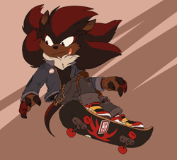 Size: 2200x2000 | Tagged: safe, artist:shady-raichu, shadow the hedgehog, 2021, abstract background, alternate outfit, badge, bandaid, brown gloves, chain, cheek fluff, claws, clothes, fingerless gloves, jacket, jeans, looking offscreen, mid-air, pants, shadow's logo, shirt, skateboard, smile, solo, trans male, transgender