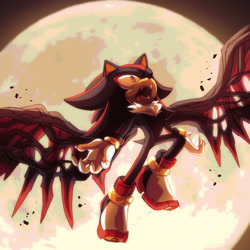 Size: 2000x2000 | Tagged: safe, artist:emthimofnight, shadow the hedgehog, hedgehog, sonic x shadow generations, 2024, abstract background, doom shadow, flying, looking up, moon, mouth open, nighttime, outdoors, solo, wings