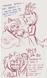 Size: 659x1085 | Tagged: safe, artist:maipeikko, amy rose, blaze the cat, cat, hedgehog, 2024, amy x blaze, comic, cute, english text, female, females only, lesbian, shipping, sick