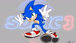 Size: 2048x1152 | Tagged: safe, artist:justin61894350, sonic the hedgehog, sonic the hedgehog 3 (film), 2024, grey background, logo, looking at viewer, signature, simple background, smile, solo, uekawa style, v sign
