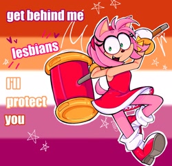 Size: 2048x1985 | Tagged: safe, artist:cheezy_picklezz, amy rose, amybetes, english text, get behind me lesbians, heart, holding something, lesbian pride, meme, outline, piko piko hammer, pride, pride flag, pride flag background, redraw, smile, solo, star (symbol)