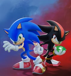 Size: 1935x2048 | Tagged: safe, artist:tbsf-yt, shadow the hedgehog, sonic the hedgehog, sonic x shadow generations, 2024, 3d, chaos emerald, clenched teeth, duo, frown, gradient background, holding something, looking at viewer, posing, smile, standing