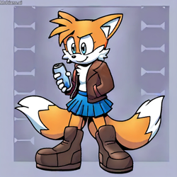 Size: 2048x2048 | Tagged: safe, ai art, artist:mobians.ai, miles "tails" prower, 2024, abstract background, aviator jacket, boots, border, fizzy soda can, hand in pocket, holding something, skirt, smile, solo, standing, trans female, transgender