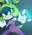 Size: 1144x1256 | Tagged: safe, artist:merlotart, surge the tenrec, 2024, alternate outfit, devil horns (gesture), electricity, fishnets, gradient background, jumpsuit, looking at viewer, smile, solo, standing
