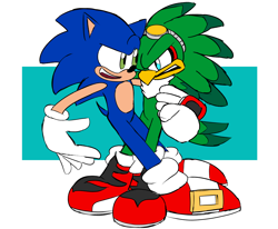 Size: 2048x1687 | Tagged: safe, artist:tacorooster, jet the hawk, sonic the hedgehog, 2024, duo, gay, holding them, jet x sonic, looking at each other, shipping, standing