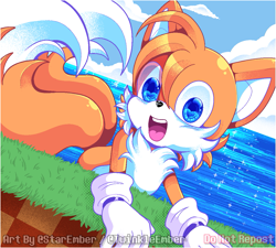 Size: 1165x1048 | Tagged: safe, artist:twinkleember, miles "tails" prower, green hill zone, cute, looking at viewer, mouth open, smile, tailabetes