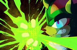 Size: 1302x845 | Tagged: safe, artist:permo2003, shadow the hedgehog, clenched teeth, energy beam, looking offscreen, solo