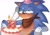 Size: 2048x1444 | Tagged: safe, artist:ghb_111, sonic the hedgehog, 2024, birthday, birthday hat, blushing, cake, candle, fire, frown, hand on own head, lidded eyes, party hat, sitting, solo, sonic boom (tv), sonic is not amused, sweatdrop, top surgery scars, trans male, transgender