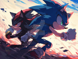 Size: 1024x772 | Tagged: safe, ai art, artist:dreamup.ai, shadow the hedgehog, sonic the hedgehog, 2024, abstract background, clenched fists, deviantart watermark, duo, frown, looking offscreen, obtrusive watermark, prompter:leork-dream, running, watermark