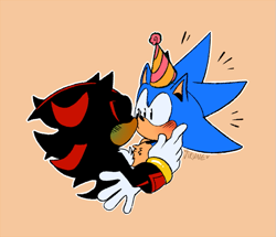 Size: 699x600 | Tagged: dead source, safe, artist:virune, shadow the hedgehog, sonic the hedgehog, 2024, birthday, duo, eyes closed, gay, green blush, holding them, kiss, looking at them, outline, party hat, shadow x sonic, shipping, signature, simple background, surprise kiss, surprised, tan background