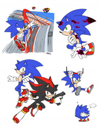 Size: 1000x1273 | Tagged: safe, artist:sloth_g_ya, maria robotnik, sonic the hedgehog, sonic adventure 2, sonic frontiers, cyber corruption, duo, gun, holding something, metal harbor, outdoors, robot, running, simple background, soap shoes, white background