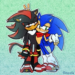 Size: 1977x1977 | Tagged: safe, artist:pukopop, shadow the hedgehog, sonic the hedgehog, 2024, abstract background, blushing, duo, frown, gay, lidded eyes, outline, shadow x sonic, shipping, signature, smile, standing, v sign