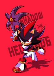 Size: 1447x2048 | Tagged: safe, artist:klaudia96art, black doom, shadow the hedgehog, sonic x shadow generations, character name, doom's eye, duo, frown, looking at viewer, red background, shadow (lighting), simple background, skating