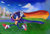 Size: 2047x1375 | Tagged: safe, artist:demonio-de-bolsillo, sonic the hedgehog, hedgehog, 2023, abstract background, clouds, daytime, grass, holding something, looking at viewer, male, outdoors, palm tree, pride, pride flag, progress pride, running, smile, solo, top surgery scars, trans male, transgender, water, wink