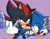 Size: 1500x1179 | Tagged: dead source, safe, artist:starlight_seed, shadow the hedgehog, sonic the hedgehog, hedgehog, carrying them, dramatic, duo, frown, gay, holding them, looking at viewer, male, middle finger, purple background, shadow x sonic, shipping, signature, simple background, smile, standing