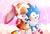 Size: 1082x738 | Tagged: safe, artist:jonnisalazar, cream the rabbit, sonic the hedgehog, doll, hugging, smile, sparkles, stuffed animal