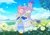 Size: 2048x1448 | Tagged: safe, artist:ume_shigaraki, amy rose, blaze the cat, nimue, cat, hedgehog, sonic and the black knight, 2024, amy x blaze, blushing, clouds, cute, daytime, duo, female, females only, field, flower, flower field, frown, grass, grass field, holding hands, knight armor, lesbian, looking at viewer, looking away, looking offscreen, mouth open, outdoors, shipping, sir percival, tree