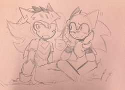 Size: 2048x1481 | Tagged: safe, artist:dizzyfish777, shadow the hedgehog, sonic the hedgehog, 2024, blushing, duo, gay, knight armor, line art, shadow x sonic, shipping, sir lancelot, sitting, traditional media