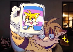 Size: 1049x748 | Tagged: safe, artist:clearmoonbasement, miles "tails" prower, 2024, holding something, hoodie, lidded eyes, meme, middle finger, mug, older, redraw, signature, sketch, solo, sparkles, trans pride, transgender