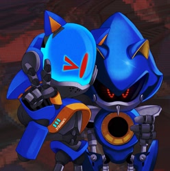 Size: 1551x1566 | Tagged: safe, artist:jesterb0nes, chaos sonic, metal sonic, black sclera, duo, hand on another's arm, lineless, looking at viewer, robot, standing, v sign, wink