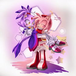 Size: 2048x2048 | Tagged: safe, artist:cylikaart, amy rose, blaze the cat, cat, hedgehog, 2020, amy x blaze, amy's halterneck dress, blaze's tailcoat, blushing, carrying them, cute, dialogue, english text, eyes closed, female, females only, lesbian, shipping, star (symbol)