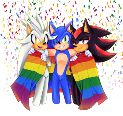 Size: 2000x1877 | Tagged: safe, artist:holluxx, shadow the hedgehog, silver the hedgehog, sonic the hedgehog, 2020, arm around shoulders, confetti, gay pride, holding something, looking at viewer, pride, pride flag, simple background, smile, standing, trio, white background, wink