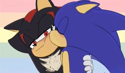 Size: 2048x1206 | Tagged: safe, artist:krazzyakux, shadow the hedgehog, sonic the hedgehog, 2024, blushing, duo, eyes closed, gay, hand on another's back, holding them, kiss on cheek, lidded eyes, looking at viewer, pride, pride flag background, shadow x sonic, shipping