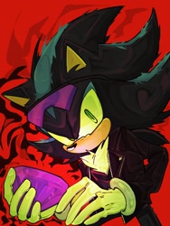 Size: 1536x2048 | Tagged: safe, artist:quarzy0ii, mephiles the dark, 2024, abstract background, chaos emerald, holding something, jacket, looking at viewer, solo, standing