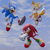Size: 1920x1920 | Tagged: safe, artist:gameguybenn, knuckles the echidna, miles "tails" prower, sonic the hedgehog, sonic heroes, 2023, 3d, abstract background, clenched teeth, clouds, mid-air, mouth open, outdoors, redraw, remake, smile, team sonic, treads, trio