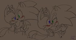 Size: 1920x1032 | Tagged: safe, artist:riri_galpal, miles "tails" prower, nine, sonic the hedgehog, sonic prime, 2024, blushing, brown background, duo, gay, holding hands, holding them, lidded eyes, line art, looking at each other, mouth open, nine x sonic, shipping, signature, simple background, smile, sonic x tails, spot color, standing