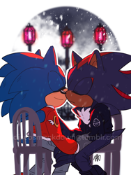 Size: 1536x2048 | Tagged: safe, artist:discosmackdown, shadow the hedgehog, sonic the hedgehog, hedgehog, abstract background, chair, clothes, duo, eyes closed, frown, gay, indoors, jacket, nuzzle, outline, pants, shadow x sonic, shipping, signature, sitting, smile, snow, snowing, table, window